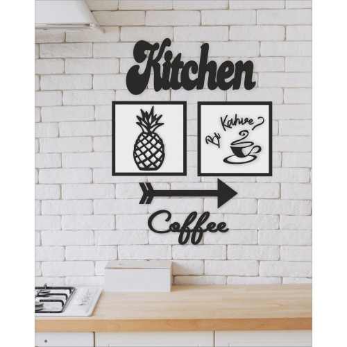 Dekoratif Ahşap Mutfak Dekor Seti - Kitchen Bi Kahve Ananas Ok ve Cof…